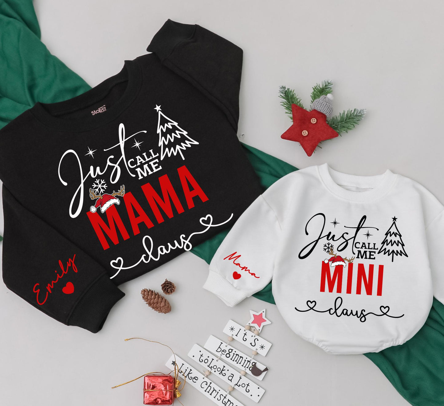 Just Call Me Mama Claus Matching Set: Mom & Baby Christmas Sweatshirt & Romper, Festive Holiday Outfit, Red & Black Design, Playful Reindeer & Snowflakes(139)