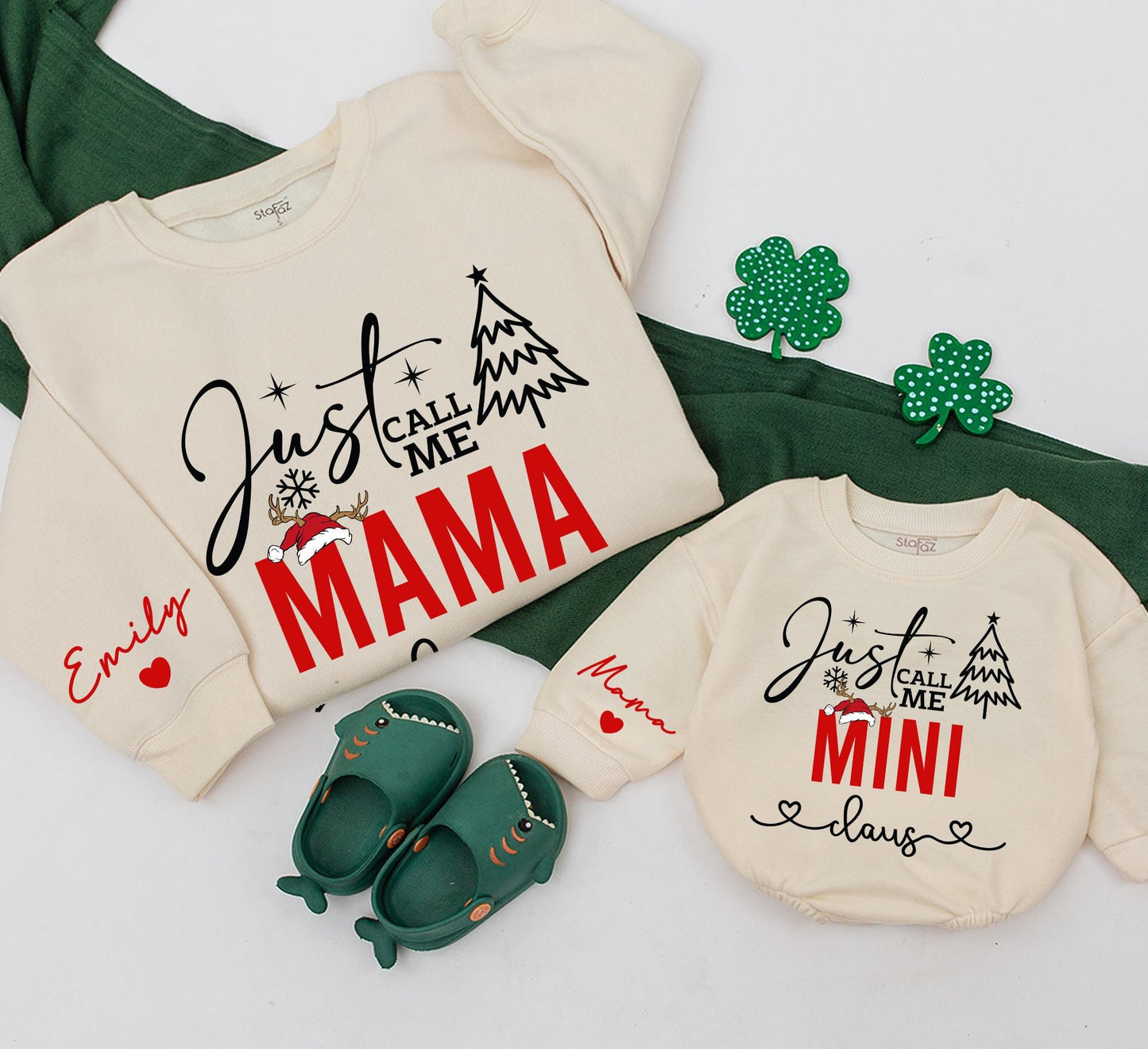 Just Call Me Mama Claus Matching Set: Mom & Baby Christmas Sweatshirt & Romper, Festive Holiday Outfit, Red & Black Design, Playful Reindeer & Snowflakes(139)