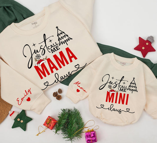 Just Call Me Mama Claus Matching Set: Mom & Baby Christmas Sweatshirt & Romper, Festive Holiday Outfit, Red & Black Design, Playful Reindeer & Snowflakes(139)