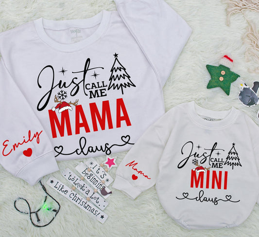 Just Call Me Mama Claus Matching Set: Mom & Baby Christmas Sweatshirt & Romper, Festive Holiday Outfit, Red & Black Design, Playful Reindeer & Snowflakes(139)