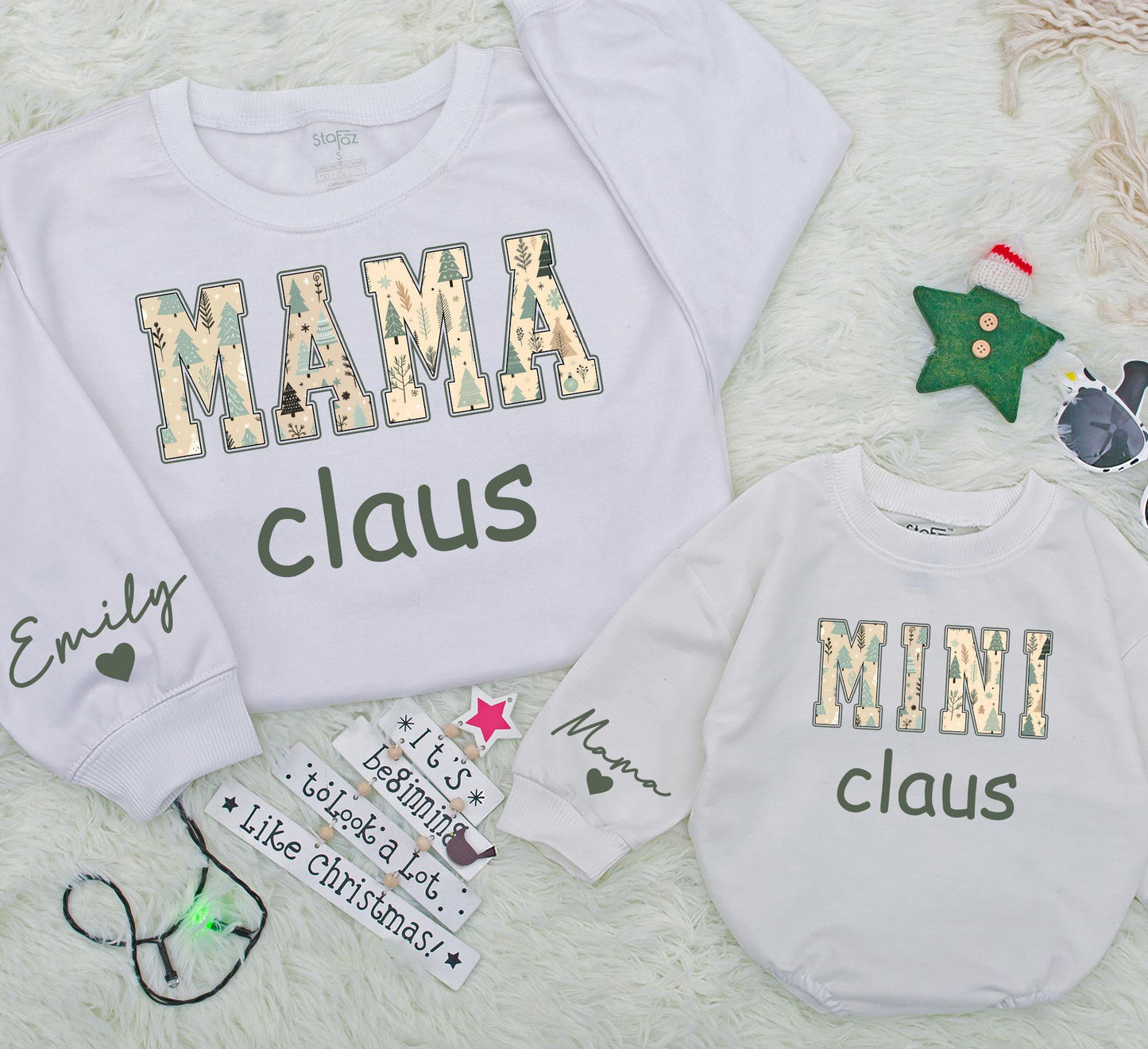 Personalized Retro Mama and Mini Claus Matching Sweatshirt Set Vintage Green Christmas Graphics Daughter Baby Girl Romper Outfit