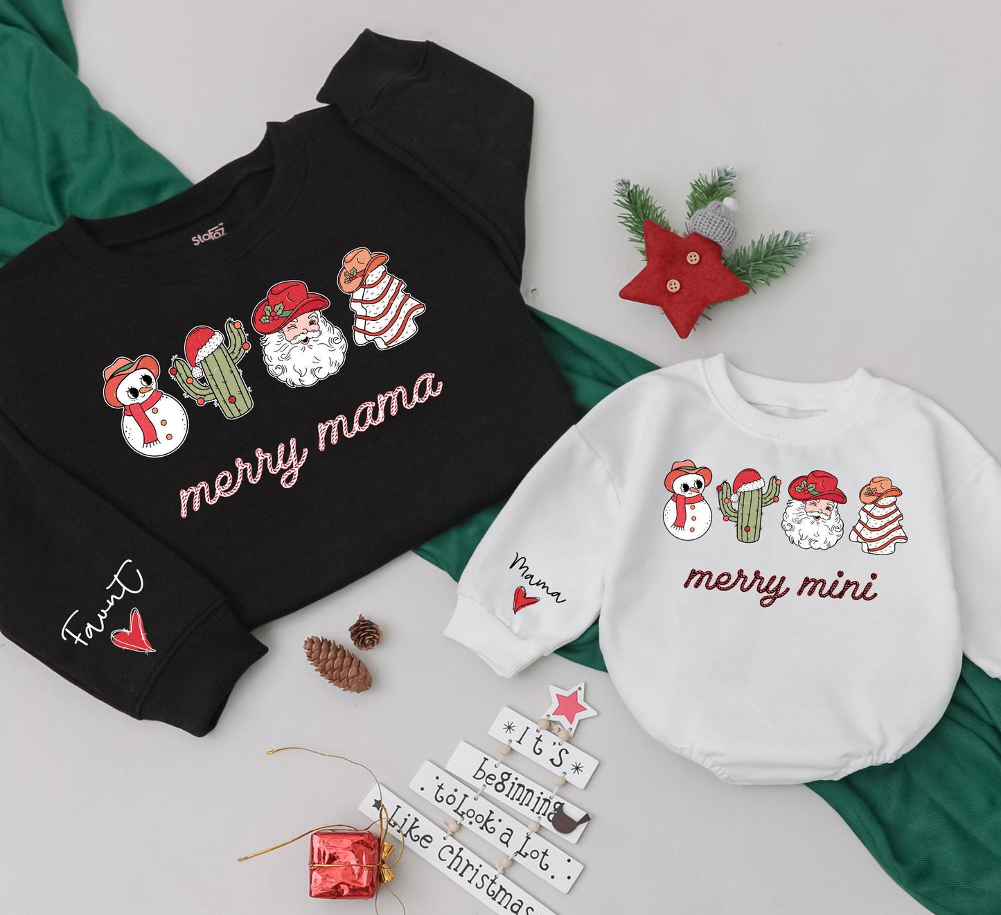 Merry Mama and Mini Western Christmas Sweatshirt Matching Family Outfits Custom Holiday Clothing Baby Girl Romper Gift