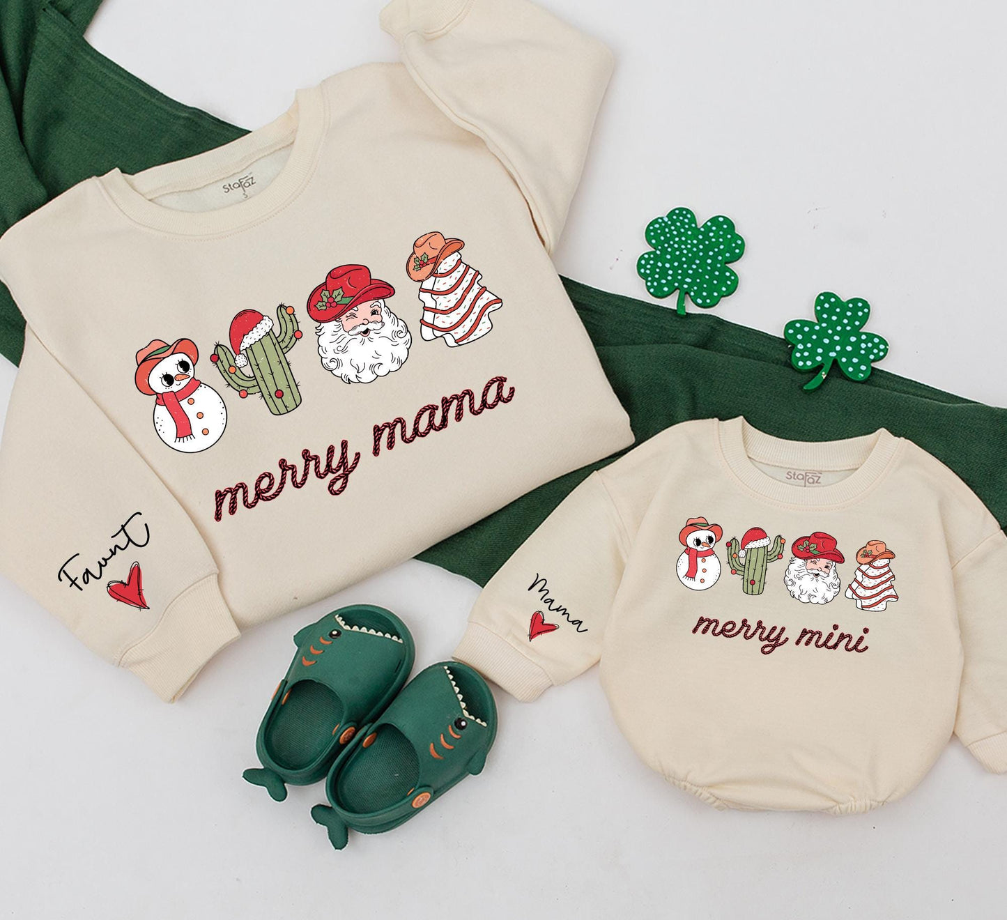 Merry Mama and Mini Western Christmas Sweatshirt Matching Family Outfits Custom Holiday Clothing Baby Girl Romper Gift