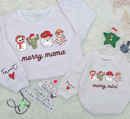 Merry Mama and Mini Western Christmas Sweatshirt Matching Family Outfits Custom Holiday Clothing Baby Girl Romper Gift