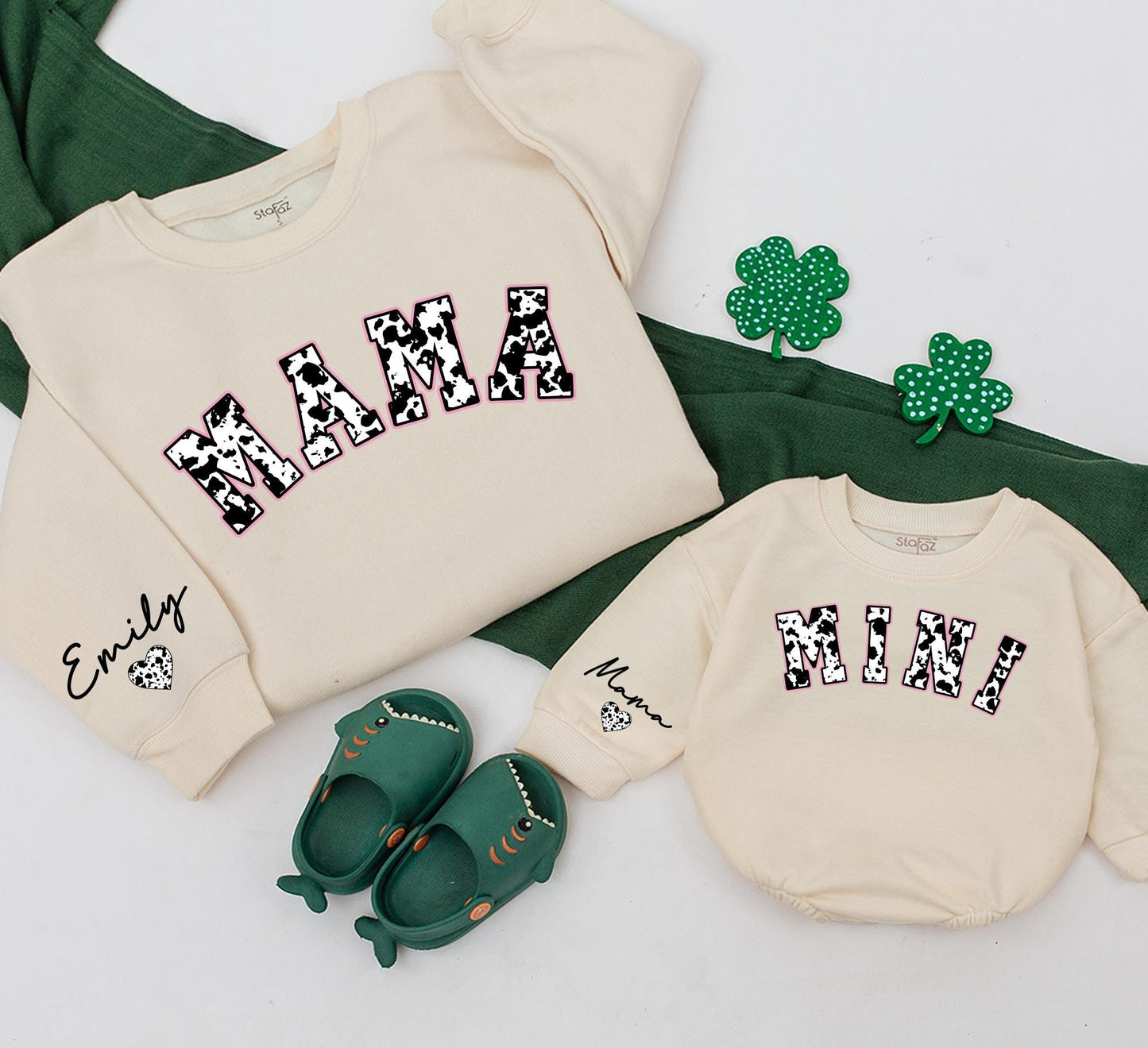 Personalized Mama Mini Cowhide Matching Sweatshirts for Mom & Baby Country Western Holiday Outfits Custom Name Gift