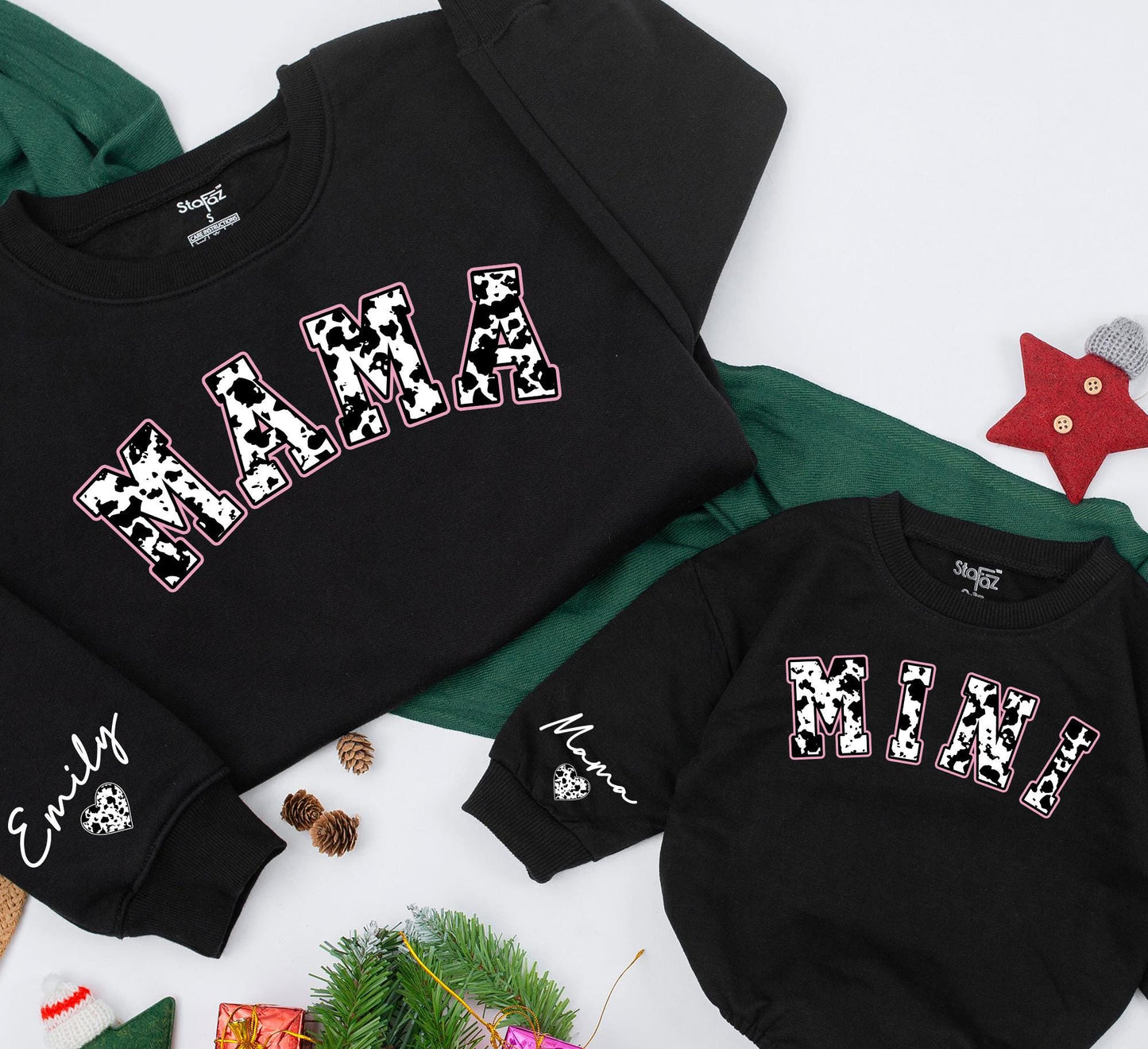 Personalized Mama Mini Cowhide Matching Sweatshirts for Mom & Baby Country Western Holiday Outfits Custom Name Gift
