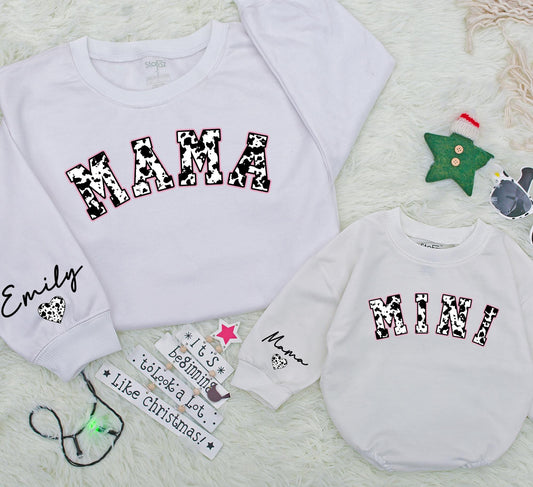 Personalized Mama Mini Cowhide Matching Sweatshirts for Mom & Baby Country Western Holiday Outfits Custom Name Gift