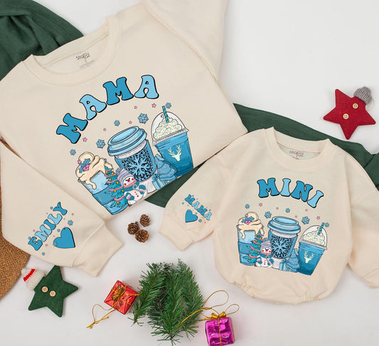 Matching Mama Mini Christmas Sweatshirts, Blue Snowflake & Coffee Cup Design Family Outfits, Baby Shower Gift, Cozy Winter Mom & Me