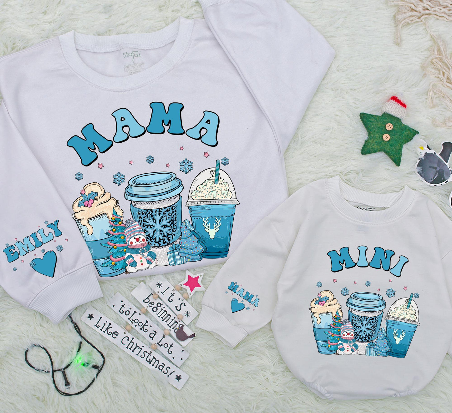Matching Mama Mini Christmas Sweatshirts, Blue Snowflake & Coffee Cup Design Family Outfits, Baby Shower Gift, Cozy Winter Mom & Me