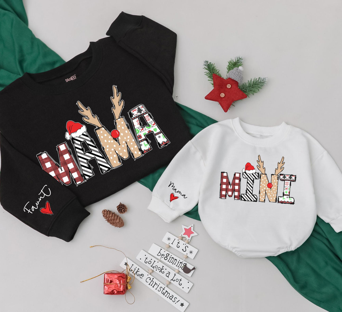 Festive Mama and Mini Sweatshirt Matching Christmas Outfits Buffalo Plaid Reindeer Antlers Santa Hat Playful Family Gift