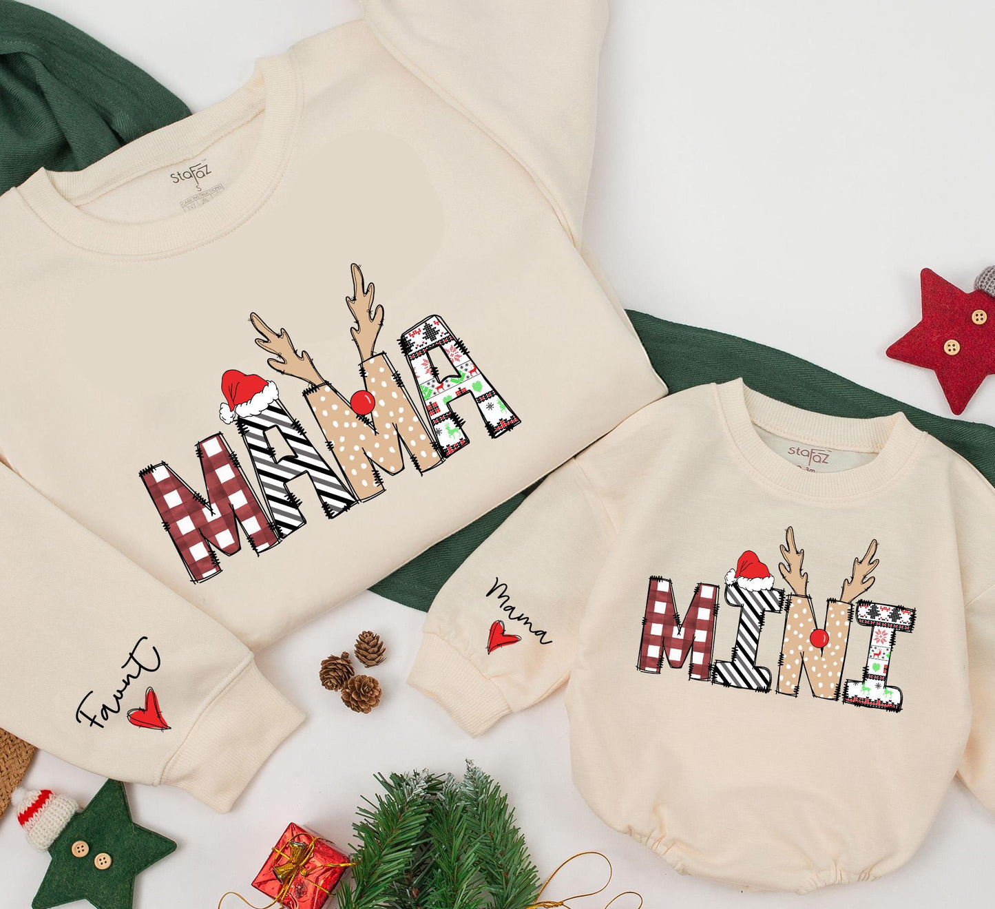 Festive Mama and Mini Sweatshirt Matching Christmas Outfits Buffalo Plaid Reindeer Antlers Santa Hat Playful Family Gift