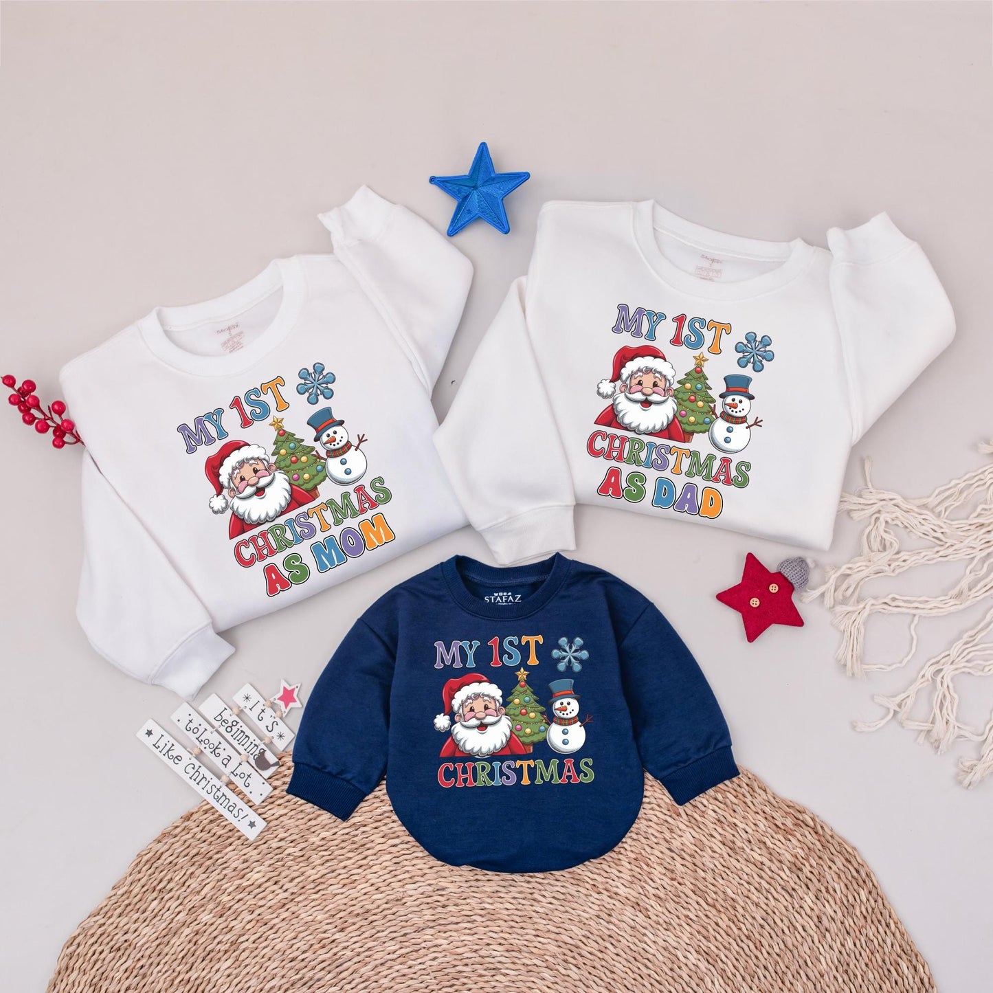 My 1st Christmas Family Sweatshirt Set, Santa, Tree & Snowman, Dad/Mom Matching Shirts, Festive Holiday Outfit, Playful Christmas Celebration!