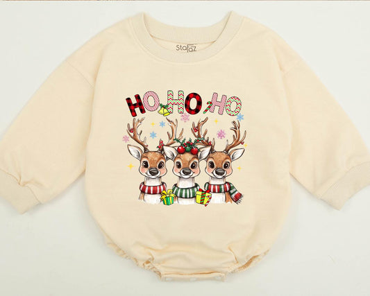 Ho Ho Ho Reindeer Baby Romper Matching Family Sweatshirt Cute Christmas Outfit Newborn Winter Holiday Gift Set with Scarves Presents Stars (138 chars)