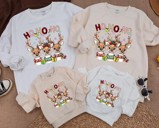 Ho Ho Ho Reindeer Baby Romper Matching Family Sweatshirt Cute Christmas Outfit Newborn Winter Holiday Gift Set with Scarves Presents Stars (138 chars)