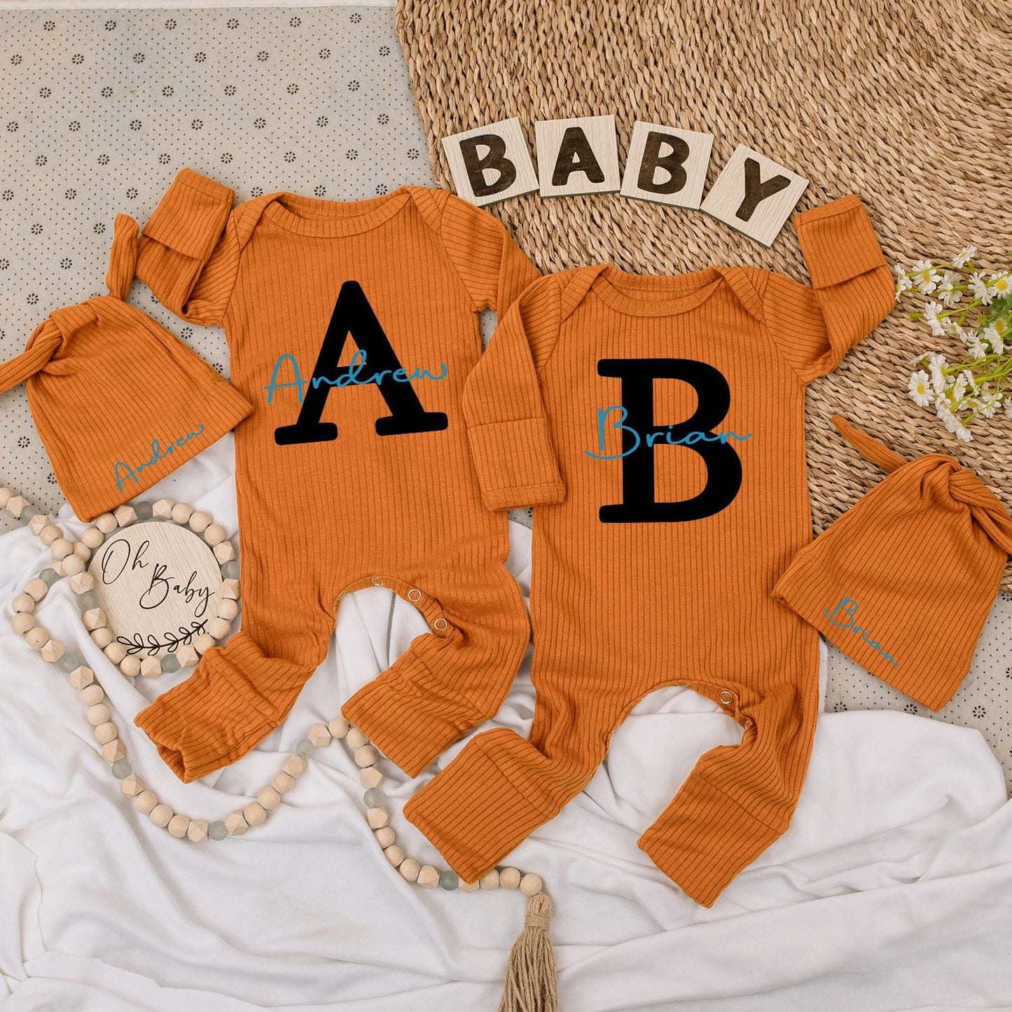 Personalized Baby Name Twin Set Bodysuit & Hat Initial Outfit Funny Best Friends Newborn Gift Romper Kid Infant Clothes Shower Pregnancy (139 chars)