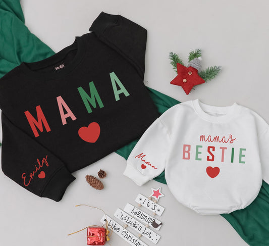 Matching Mama & Bestie Christmas Sweatshirt Set, Pink & Green Block Letter Heart Design, Personalized Emily & Mama Holiday Outfits, Baby Romper Gift