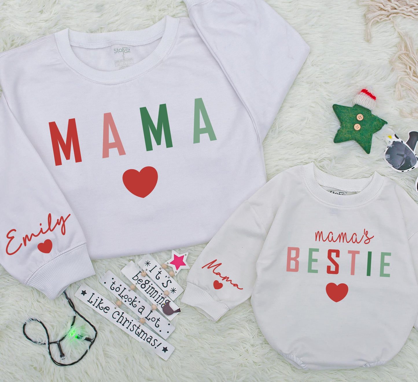 Matching Mama & Bestie Christmas Sweatshirt Set, Pink & Green Block Letter Heart Design, Personalized Emily & Mama Holiday Outfits, Baby Romper Gift
