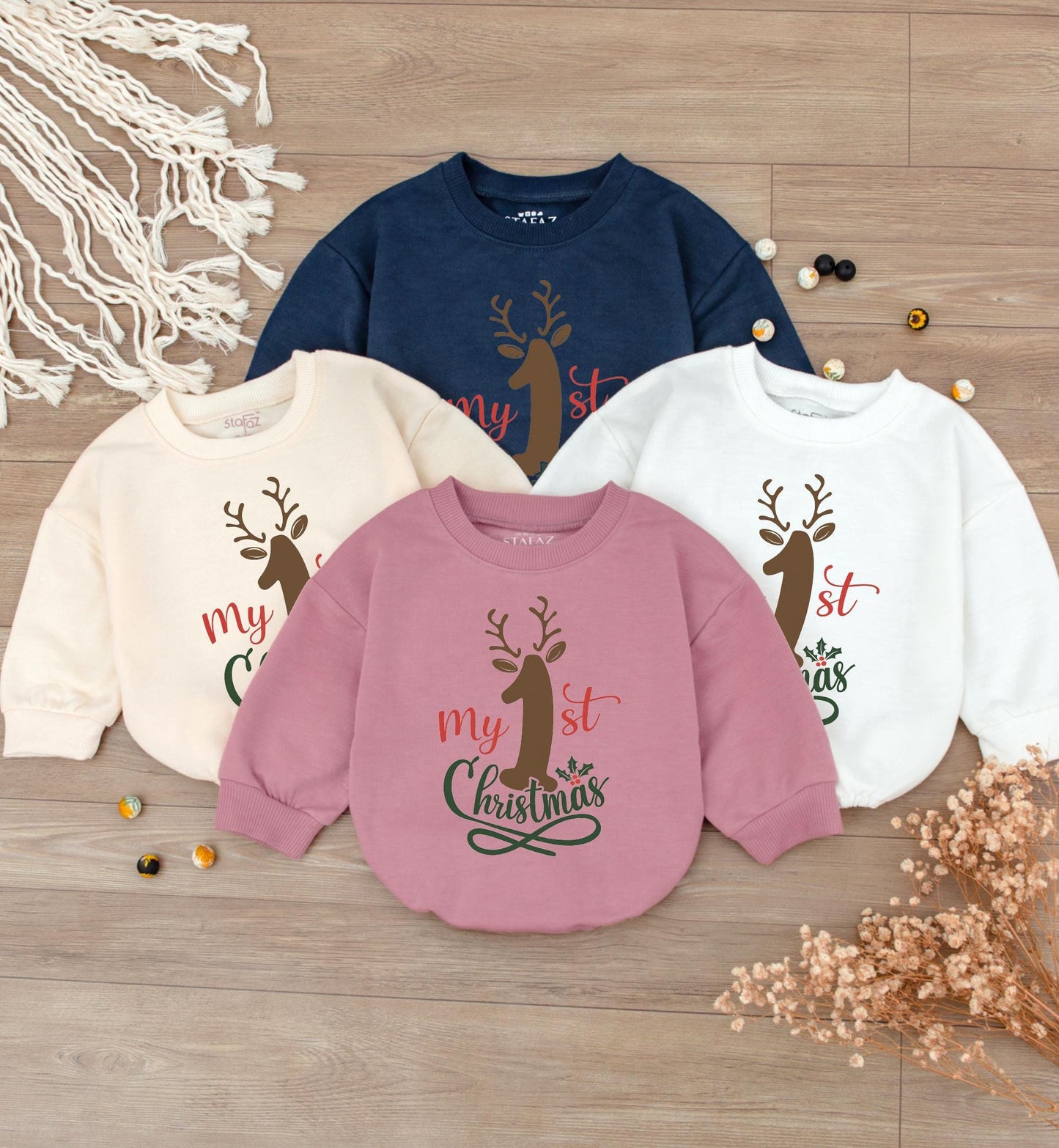 Baby's 1st Christmas Outfit: Reindeer Romper & Bodysuit Set