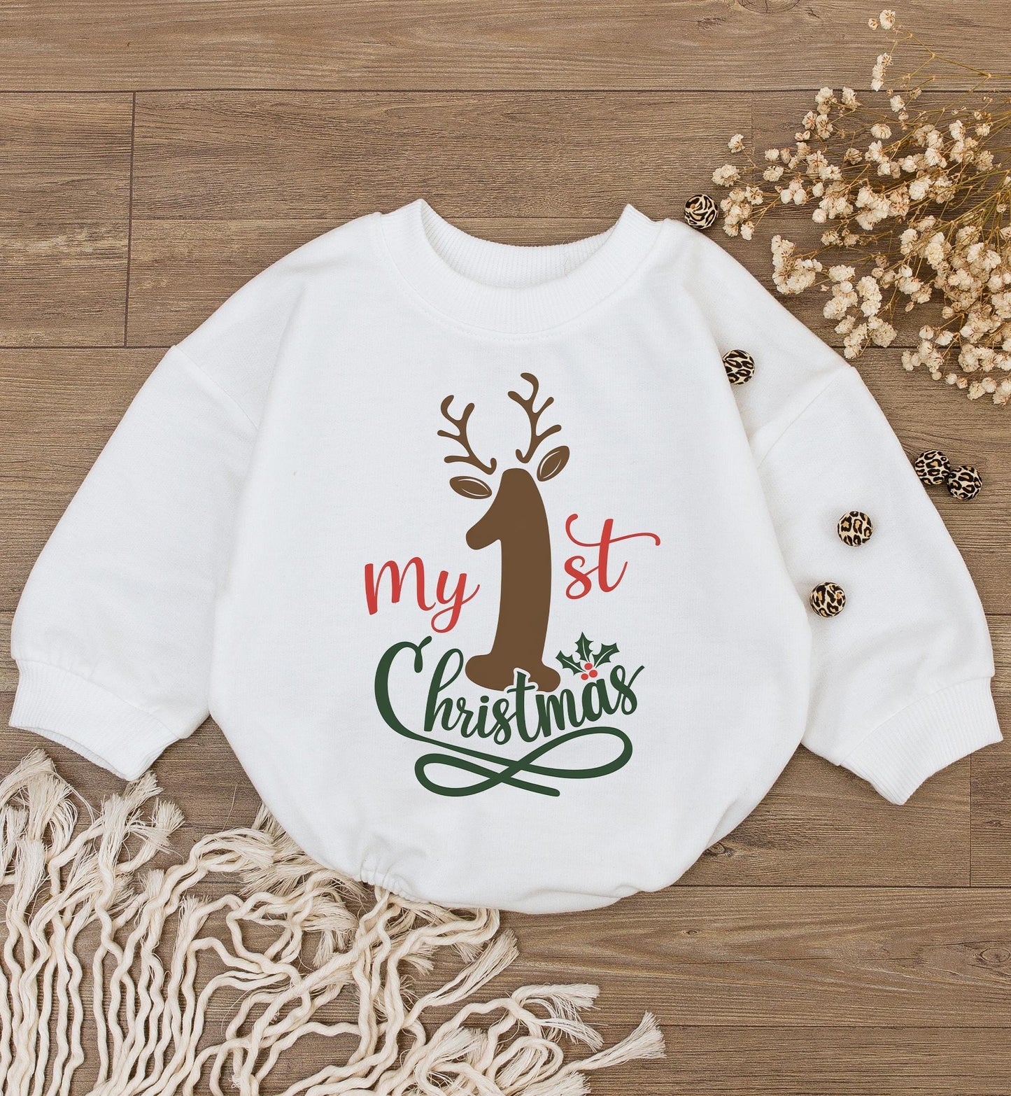 Baby's 1st Christmas Outfit: Reindeer Romper & Bodysuit Set