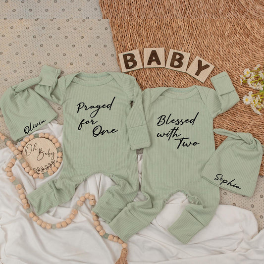 Prayed for One, Blessed with Two Twin Baby Bodysuit Set with Olivia & Sophia Hats, Newborn Gift, Modern Script, Twin Girls, Twin Boys, Pregnancy 138