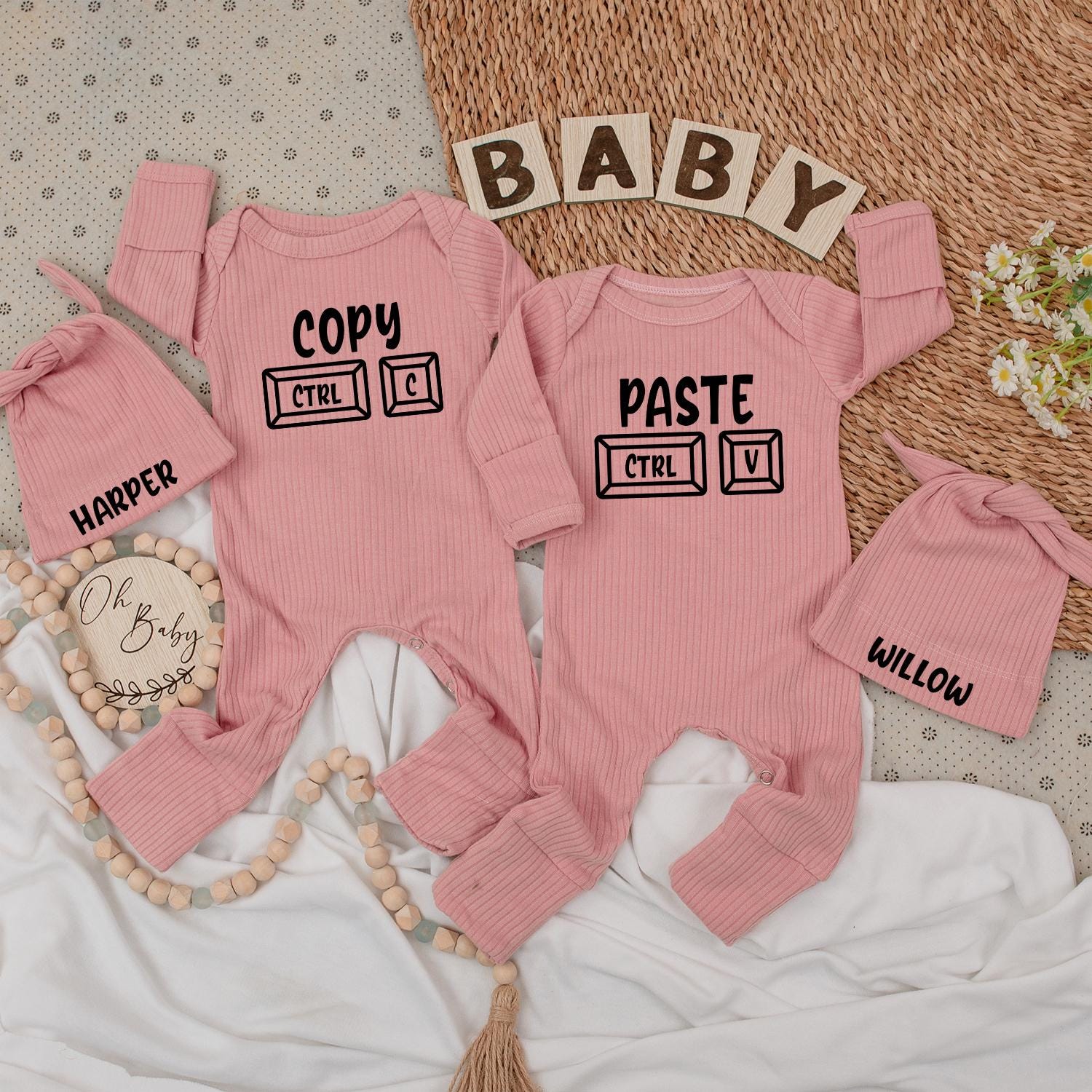 Baby Twin Outfits, Copy CTRL C Paste CTRL V Twin Baby Bodysuits & Hat Set, Newborn Twin Gift
