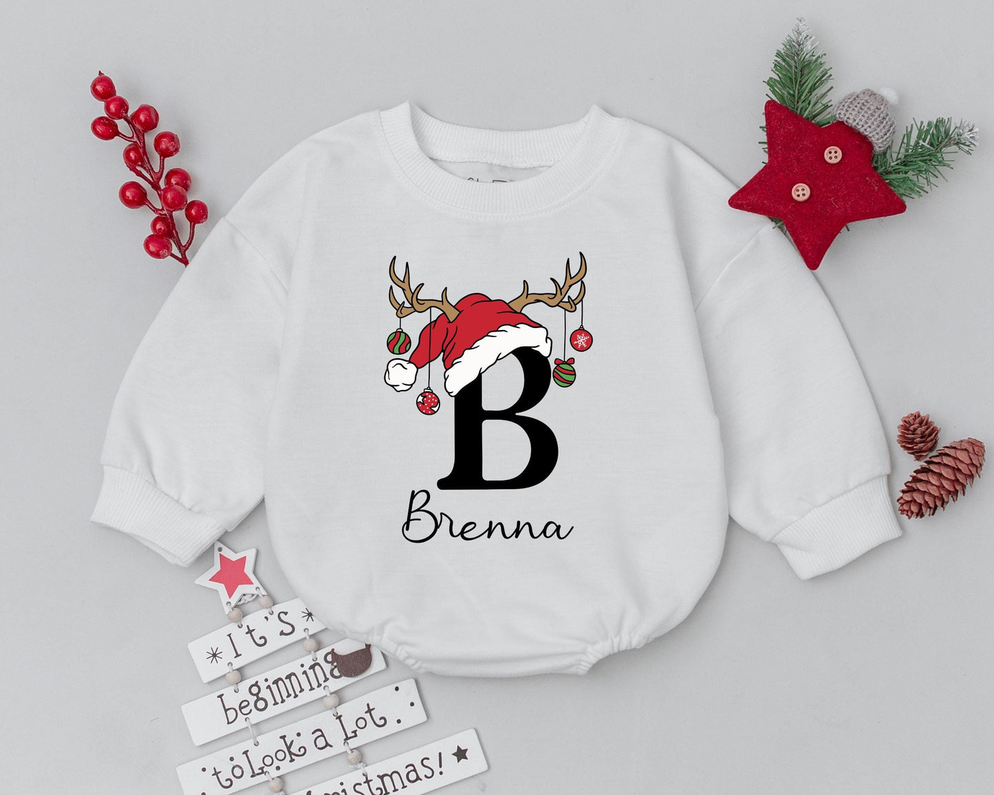 Custom "B" Christmas Baby Romper with Santa Hat & Antlers Personalized Name Brenna Holiday Infant Bodysuit