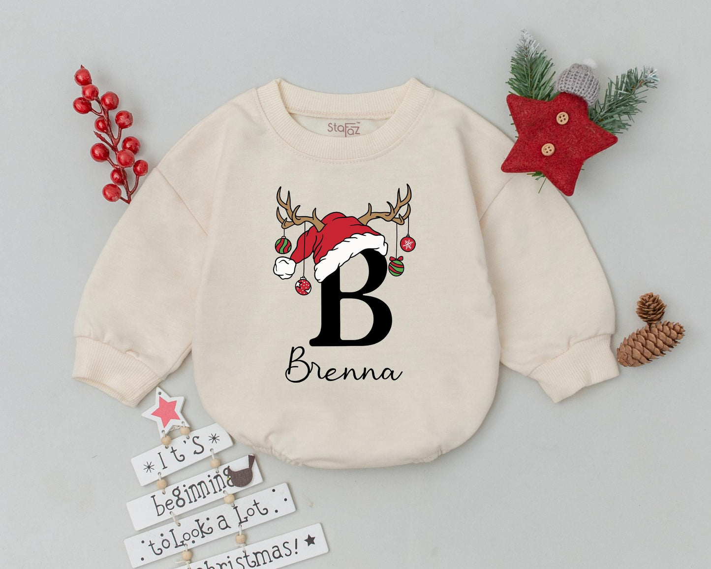 Custom "B" Christmas Baby Romper with Santa Hat & Antlers Personalized Name Brenna Holiday Infant Bodysuit