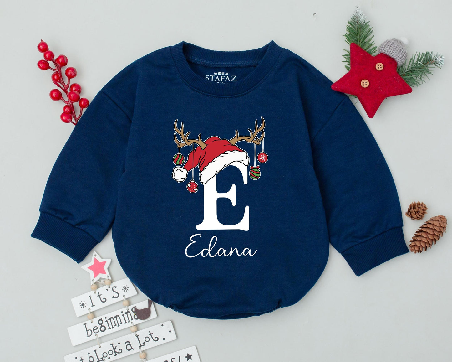 Custom "B" Christmas Baby Romper with Santa Hat & Antlers Personalized Name Brenna Holiday Infant Bodysuit