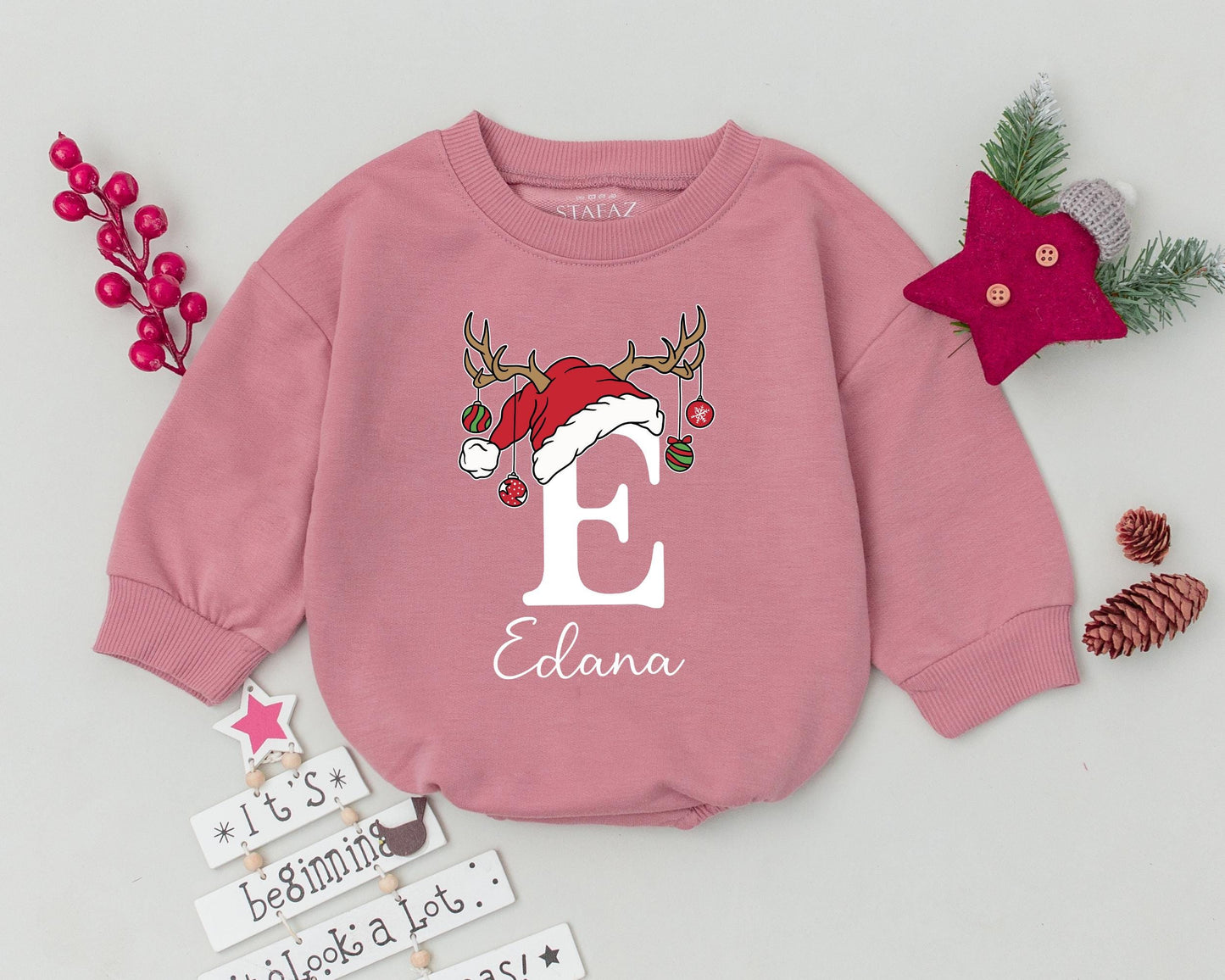 Custom "B" Christmas Baby Romper with Santa Hat & Antlers Personalized Name Brenna Holiday Infant Bodysuit