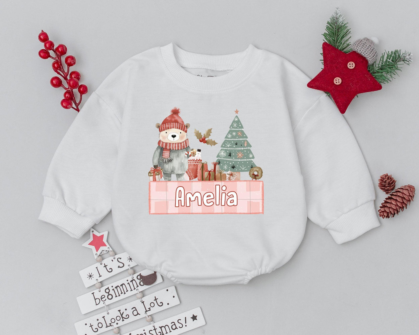 Custom Name Christmas Romper, First Holiday Baby Bodysuit