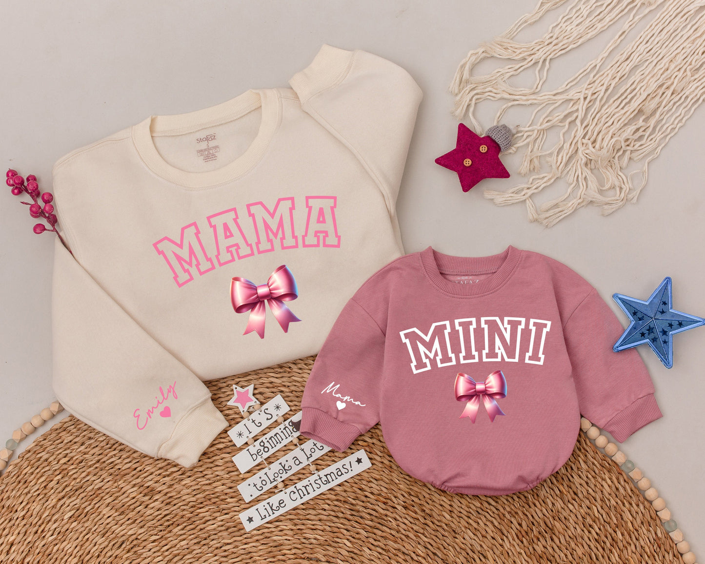 Matching Pink Christmas Sweatshirt Set: Gift for Mom and Daughter