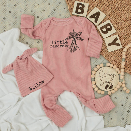 Little Mandrake Baby Bodysuit & Hat Set, Whimsical Botanical Art, Unisex Baby Gift, New Baby Announcement, Magical Clothes, Going Home Outfit