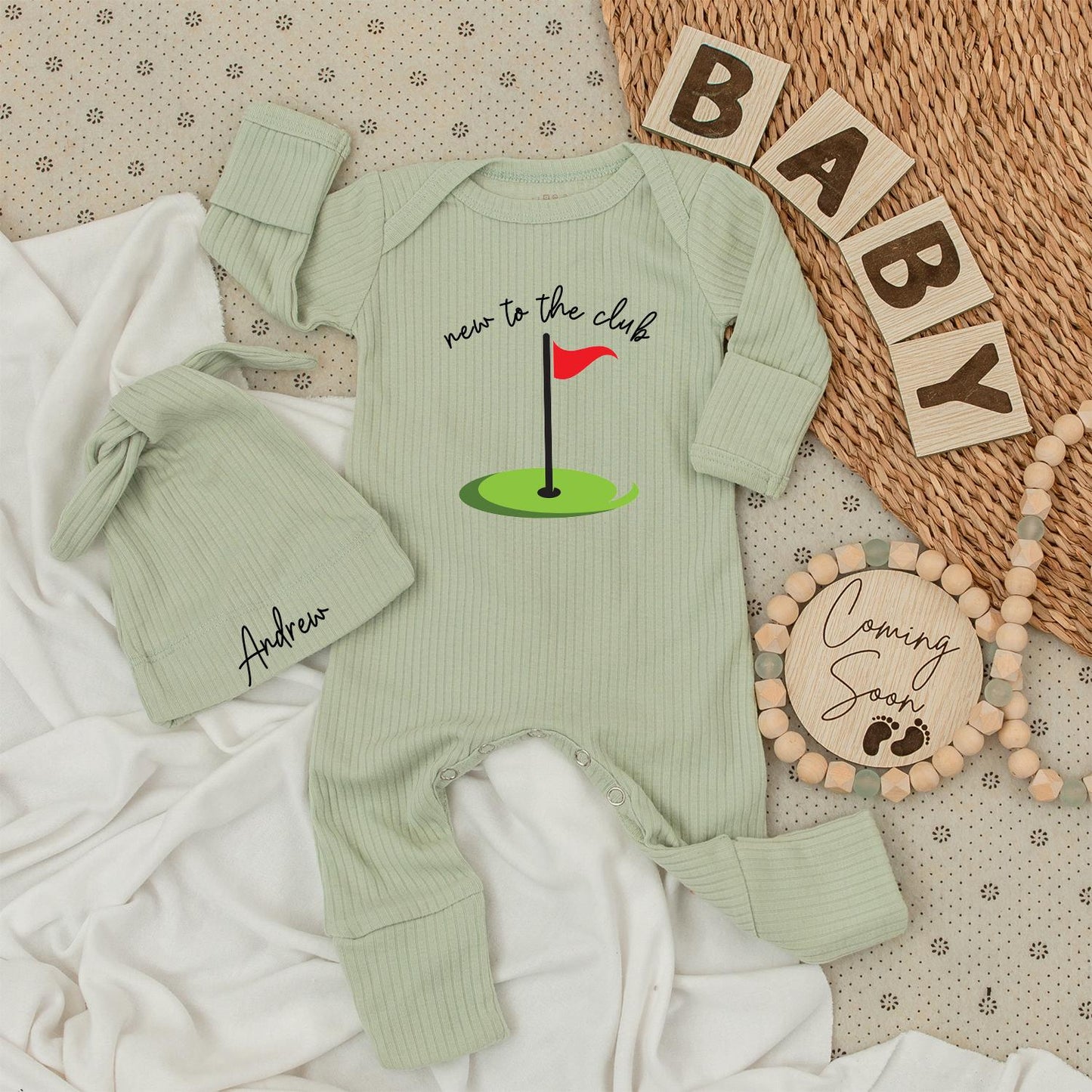 New to the Club Golf Baby Bodysuit and Hat Set Personalized Name Newborn Shower Gift Long Sleeve Welcome Outfit Playful Cartoonish Design