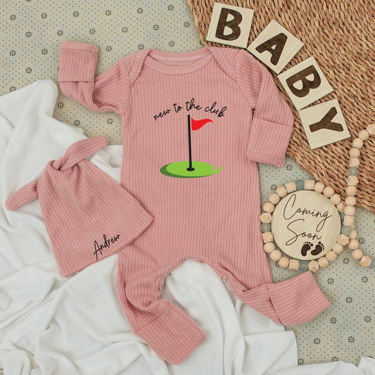 New to the Club Golf Baby Bodysuit and Hat Set Personalized Name Newborn Shower Gift Long Sleeve Welcome Outfit Playful Cartoonish Design