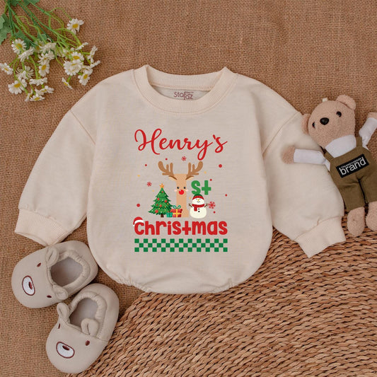 Baby's 1st Christmas Romper - Cute Retro Santa & Reindeer Outfit