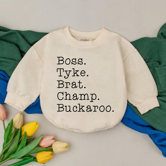 Personalized Nickname Baby Romper with Boss Tyke Brat Champ Buckaroo Black Text Design Long Sleeve Bodysuit Newborn Girls Boys Baby Shower Gift Going Home Outfit
