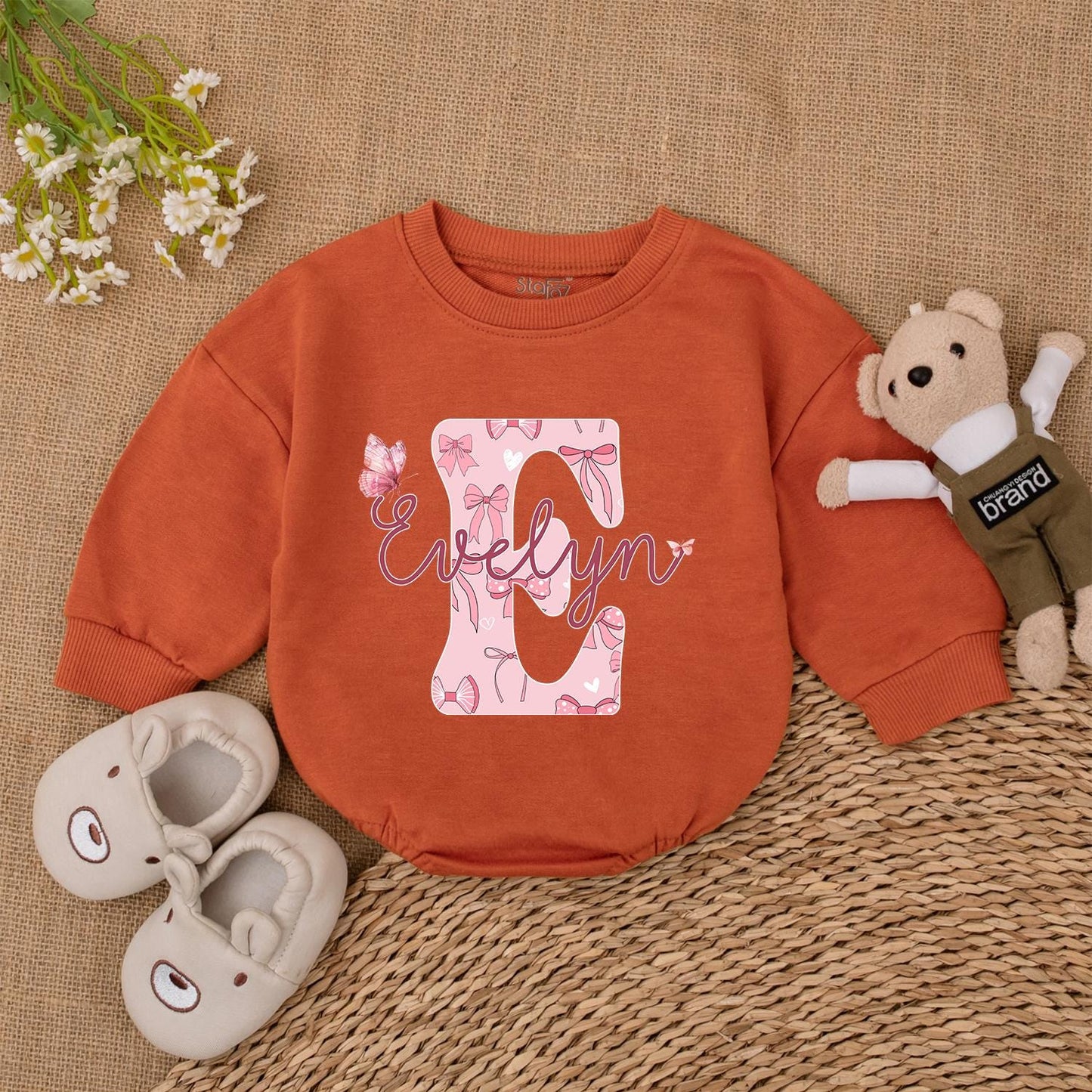 Custom Baby Romper - Girls Personalized Outfit with Pink Bow Letter