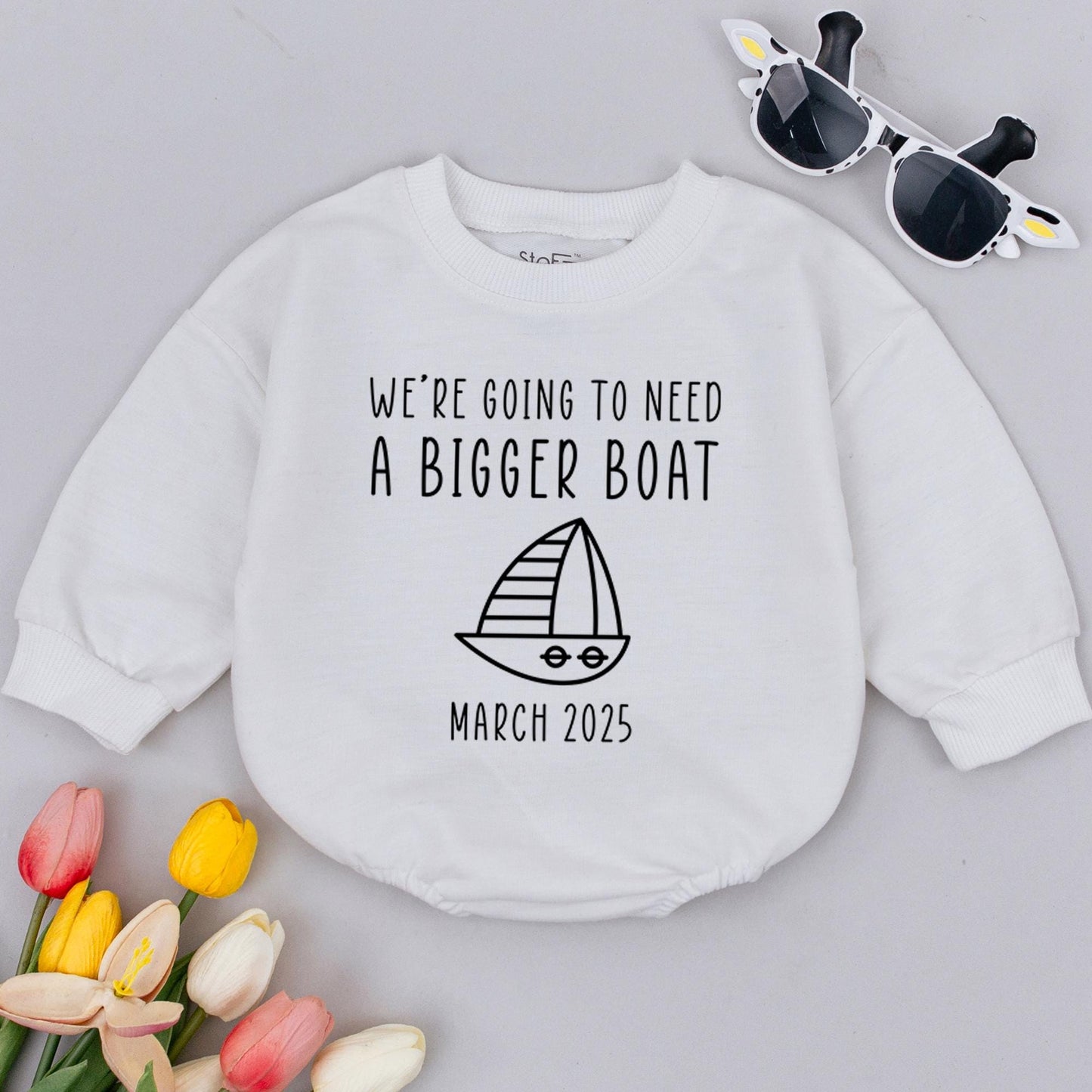 We're Going to Need a Bigger Boat Baby Romper, Nautical Baby Announcement, March 2025 Reveal Gift, Baby Boy or Girl Clothes, Newborn