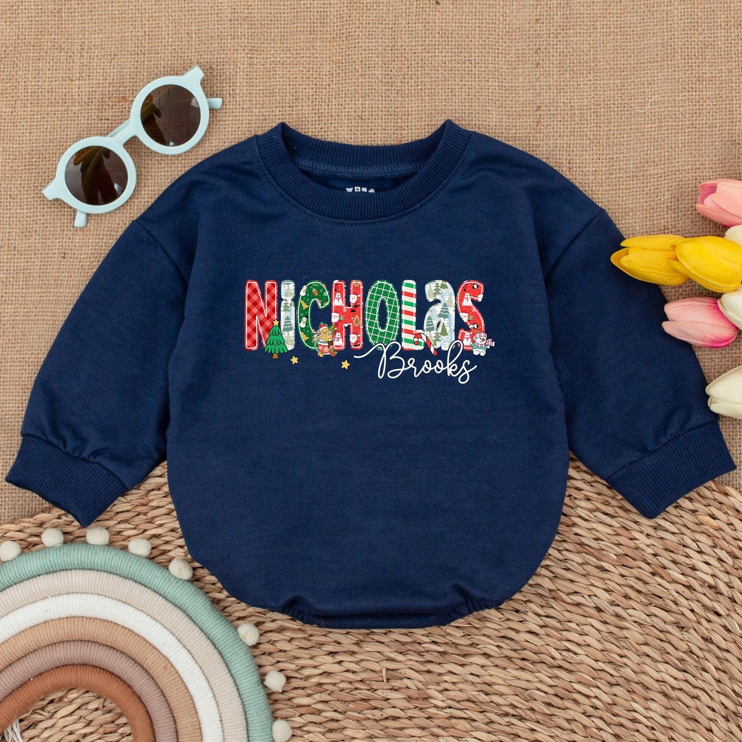 Personalized Nicholas Brooks Baby Romper, Festive Christmas Outfit, First Christmas Bodysuit, Holiday Baby Boy Clothes, Cheerful Toddler Romper 138