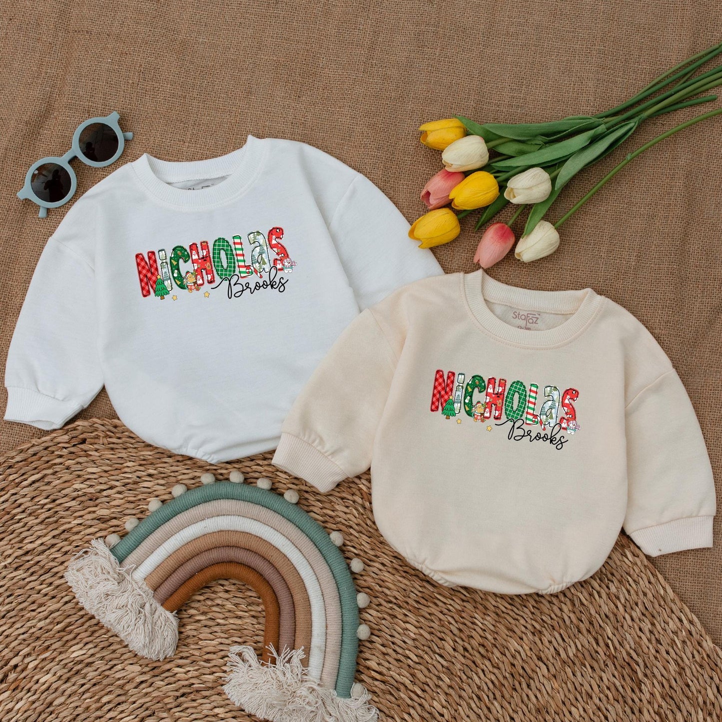 Personalized Nicholas Brooks Baby Romper, Festive Christmas Outfit, First Christmas Bodysuit, Holiday Baby Boy Clothes, Cheerful Toddler Romper 138