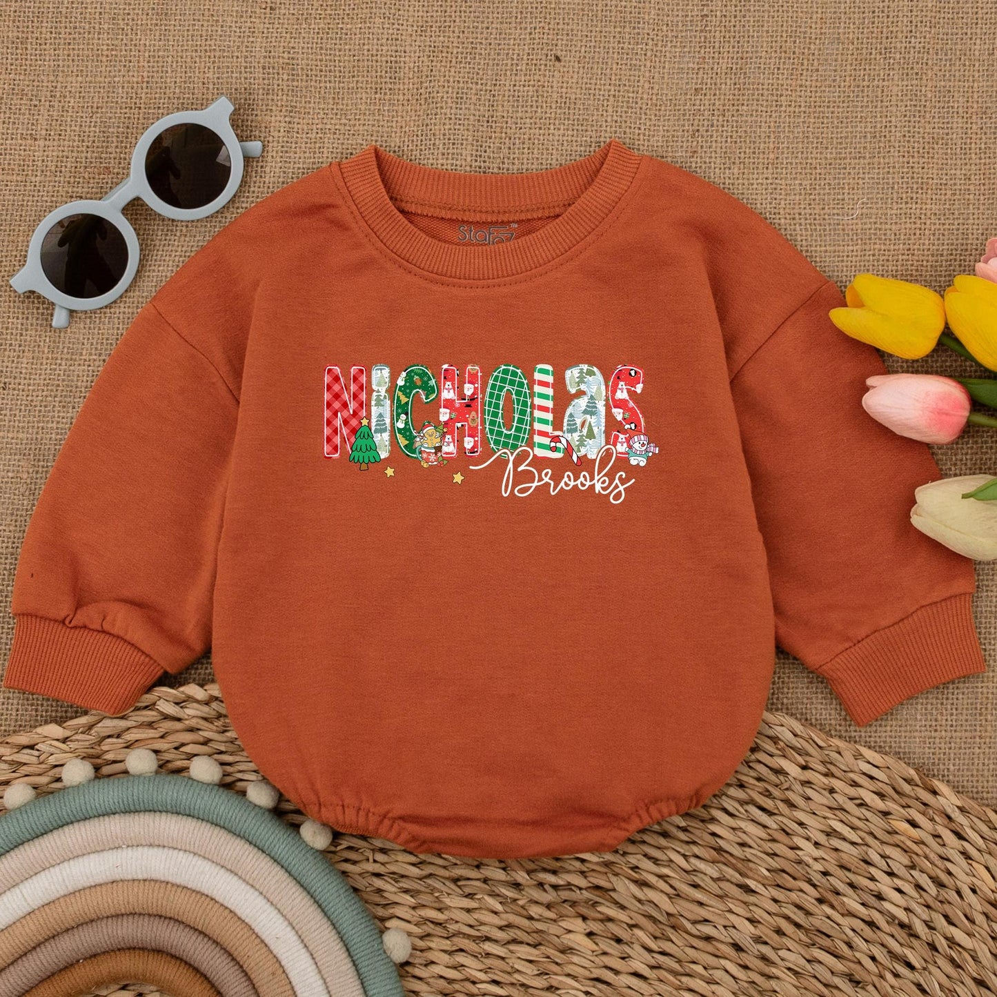 Personalized Nicholas Brooks Baby Romper, Festive Christmas Outfit, First Christmas Bodysuit, Holiday Baby Boy Clothes, Cheerful Toddler Romper 138