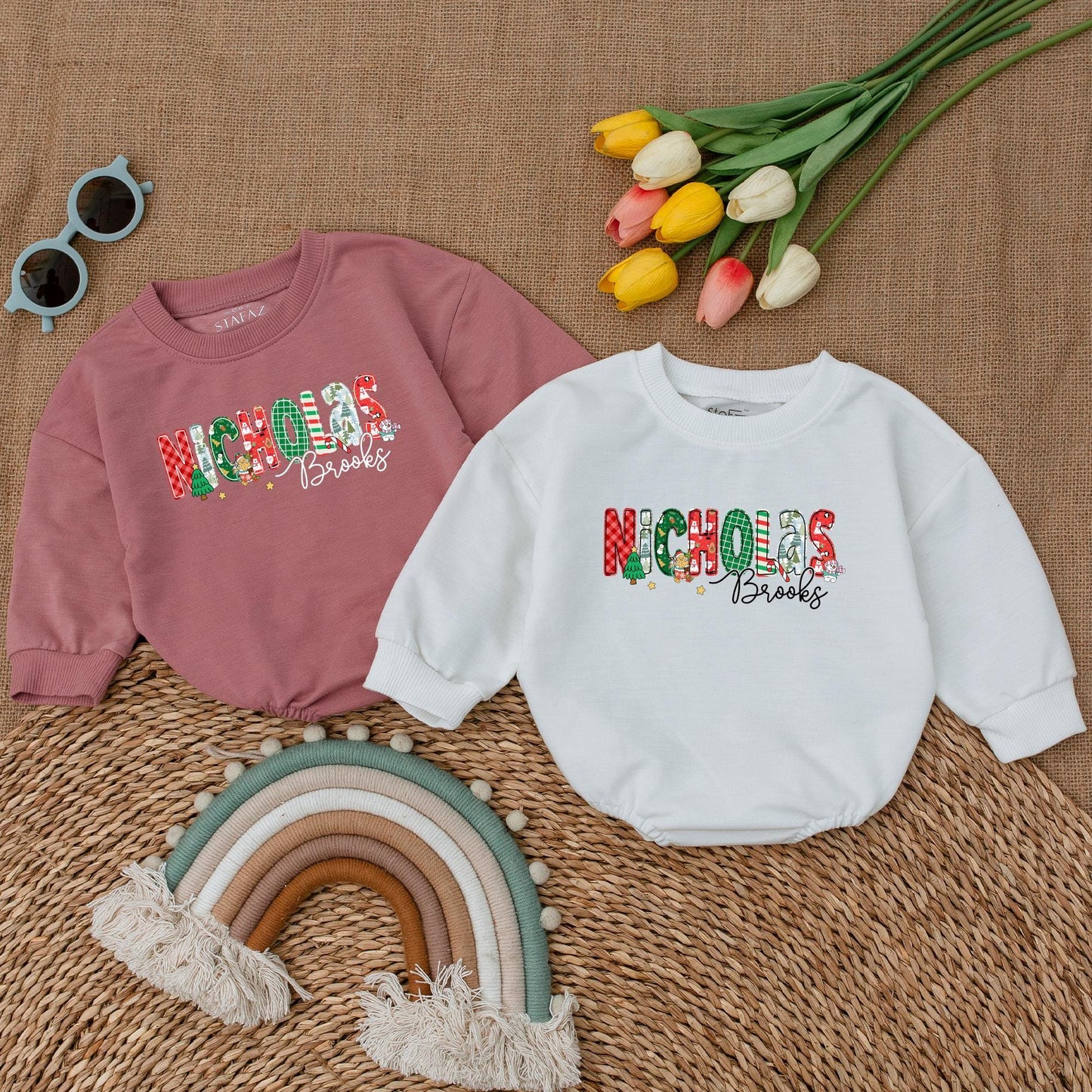 Personalized Nicholas Brooks Baby Romper, Festive Christmas Outfit, First Christmas Bodysuit, Holiday Baby Boy Clothes, Cheerful Toddler Romper 138