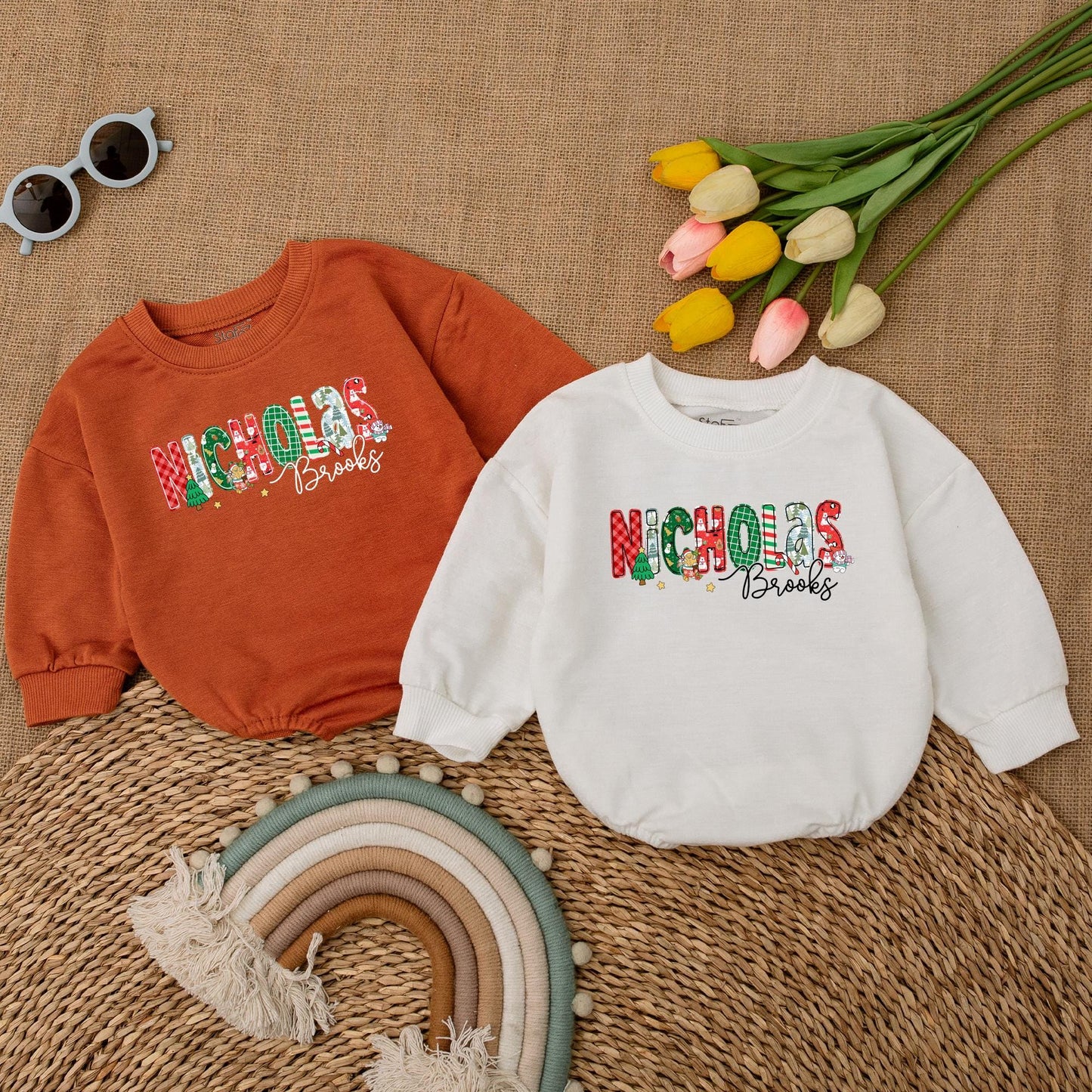 Personalized Nicholas Brooks Baby Romper, Festive Christmas Outfit, First Christmas Bodysuit, Holiday Baby Boy Clothes, Cheerful Toddler Romper 138