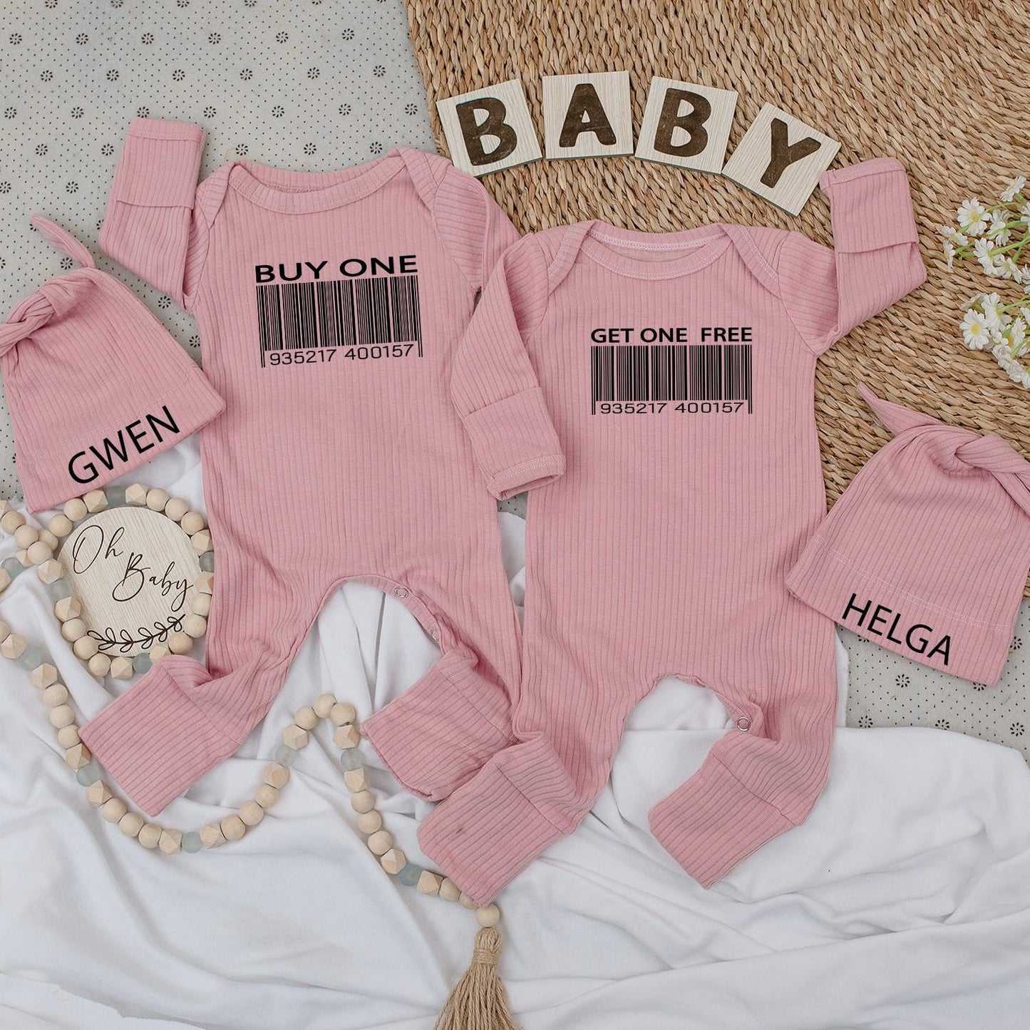 Buy One Get One Twin Baby Bodysuit and Hat Set Cute Best Friend Newborn Twin Gift Gwen Helga Barcode Humor