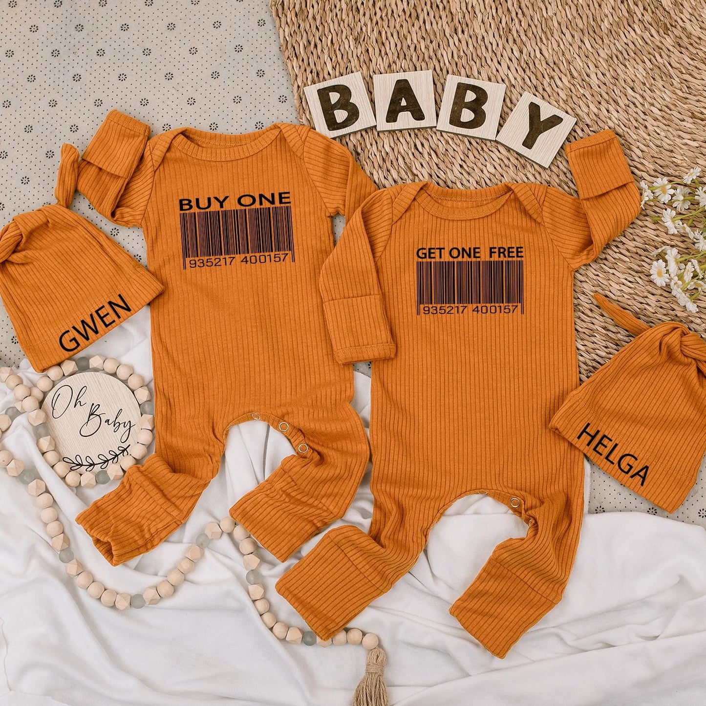 Buy One Get One Twin Baby Bodysuit and Hat Set Cute Best Friend Newborn Twin Gift Gwen Helga Barcode Humor