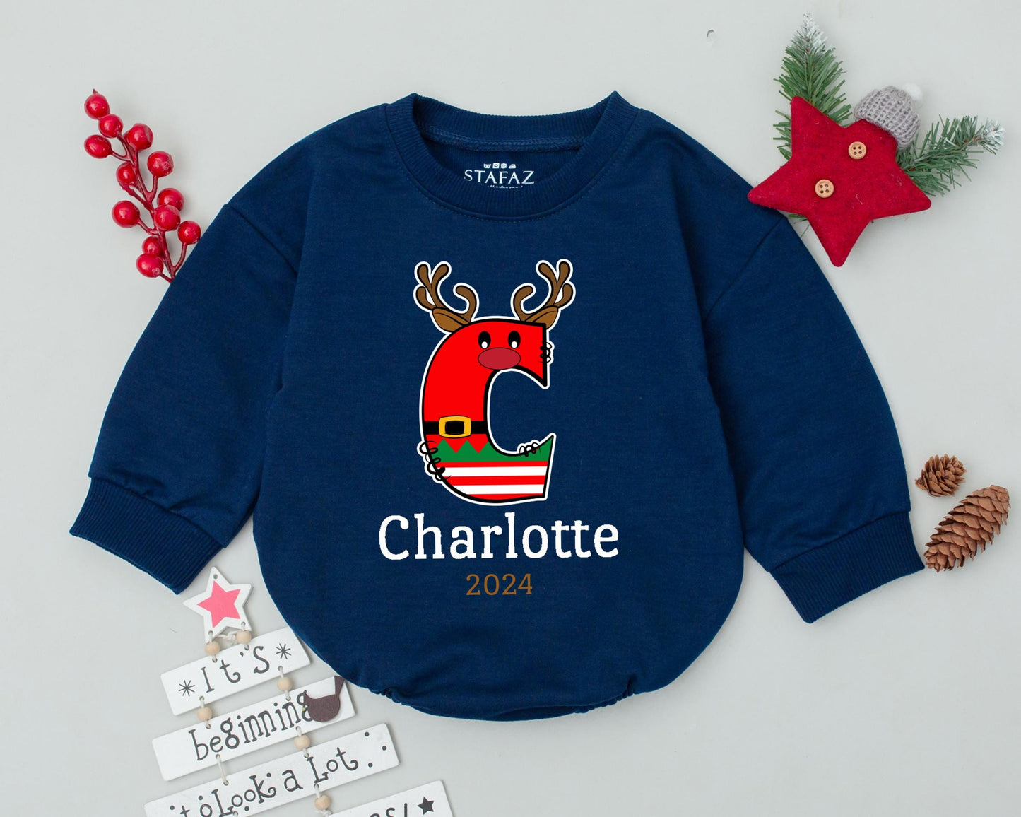 Personalized Reindeer Romper, Christmas Outfit for Babies & Newborns