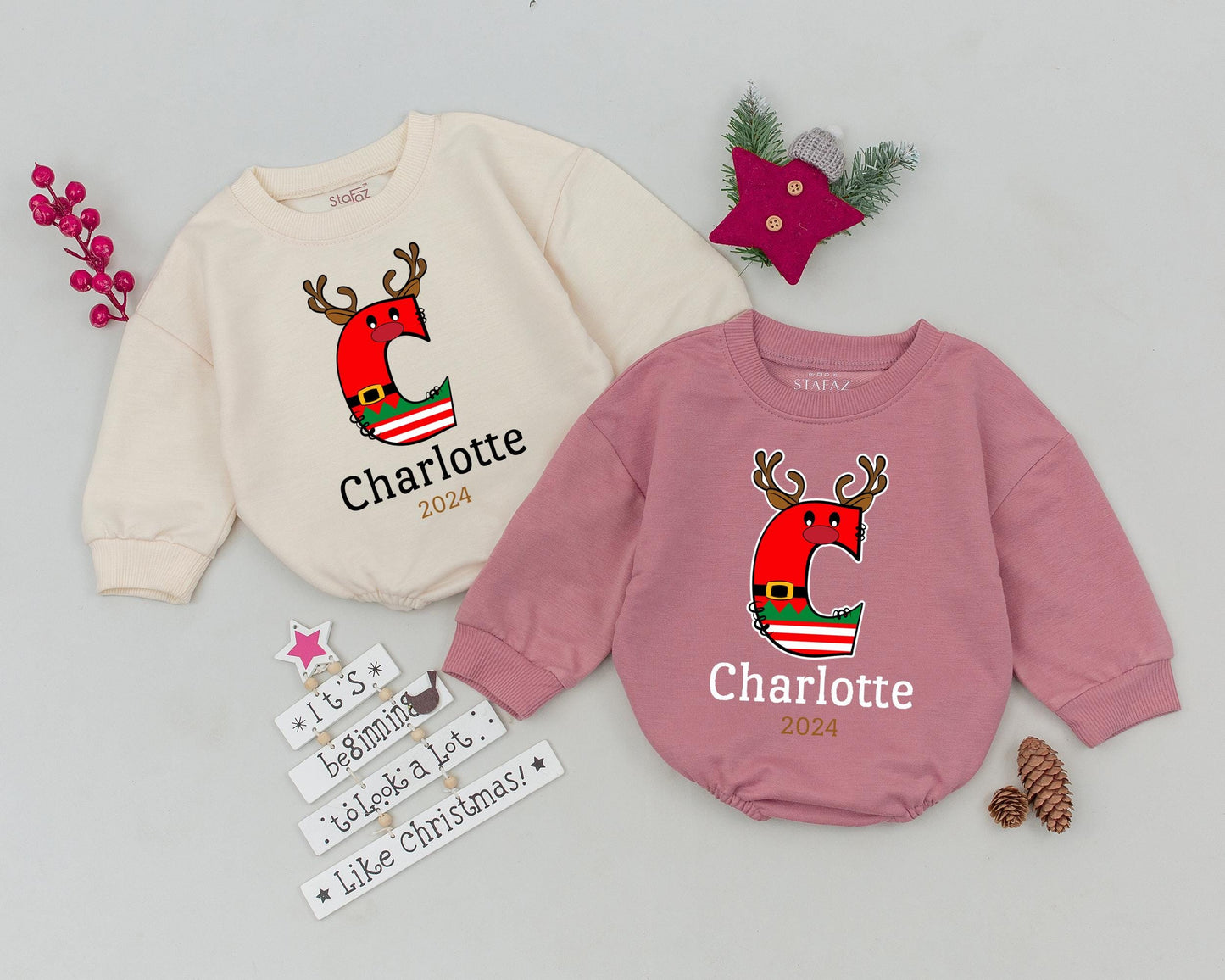 Personalized Reindeer Romper, Christmas Outfit for Babies & Newborns