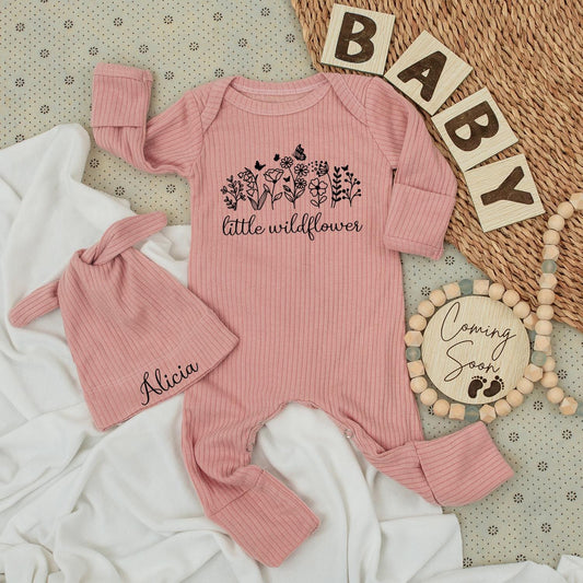 Little Wildflower Baby Bodysuit Hat Set Alicia Personalized Outfit Newborn Girl Going Home Gift Infant Clothes Long Sleeve Minimalist Floral Shower Gift 139 Chars