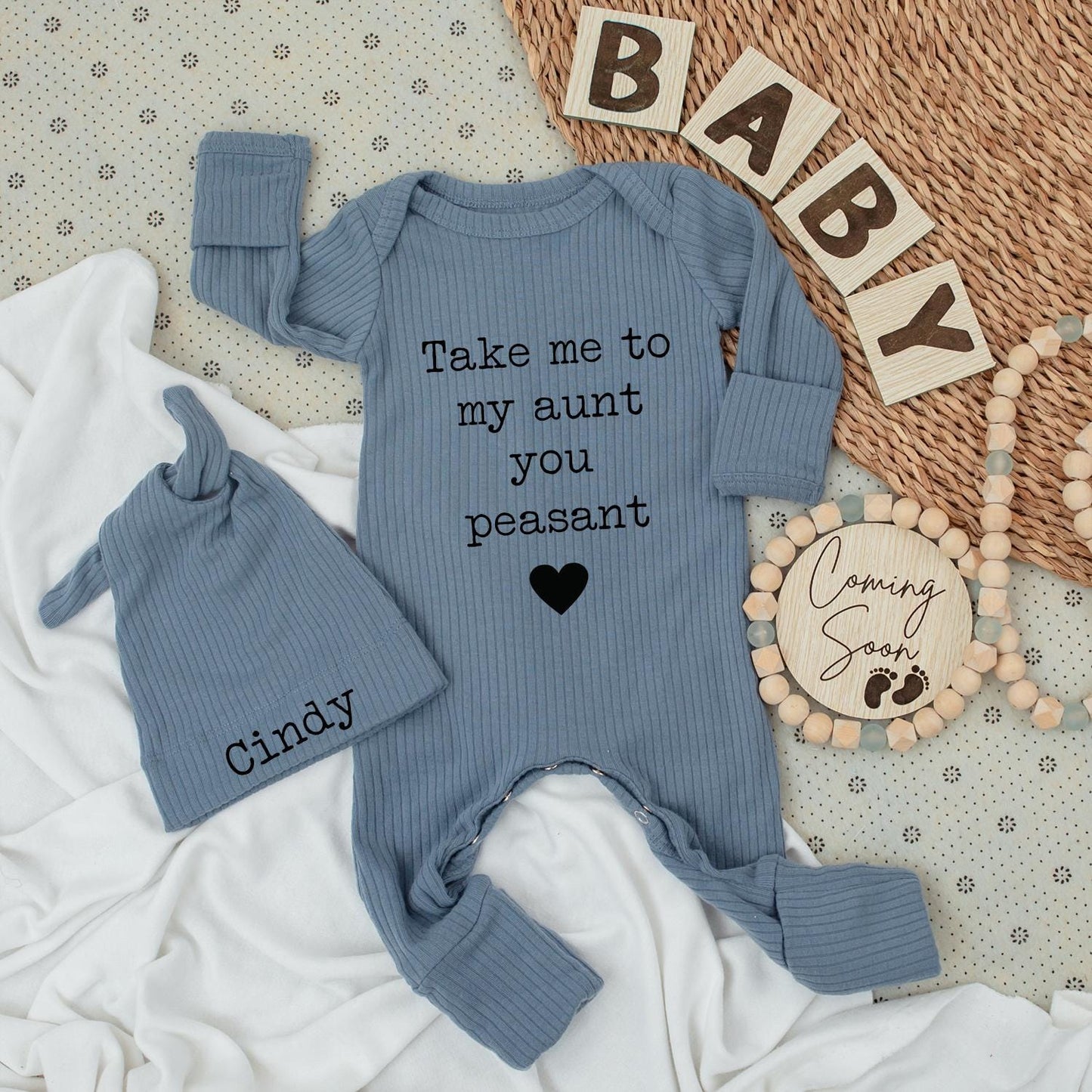 Take Me To My Aunt Peasant Bodysuit Set – Cindy Hat Funny Baby Outfit, Sarcastic Auntie Gift, Newborn Coming Home Clothes, Cotton Romper (139 chars)