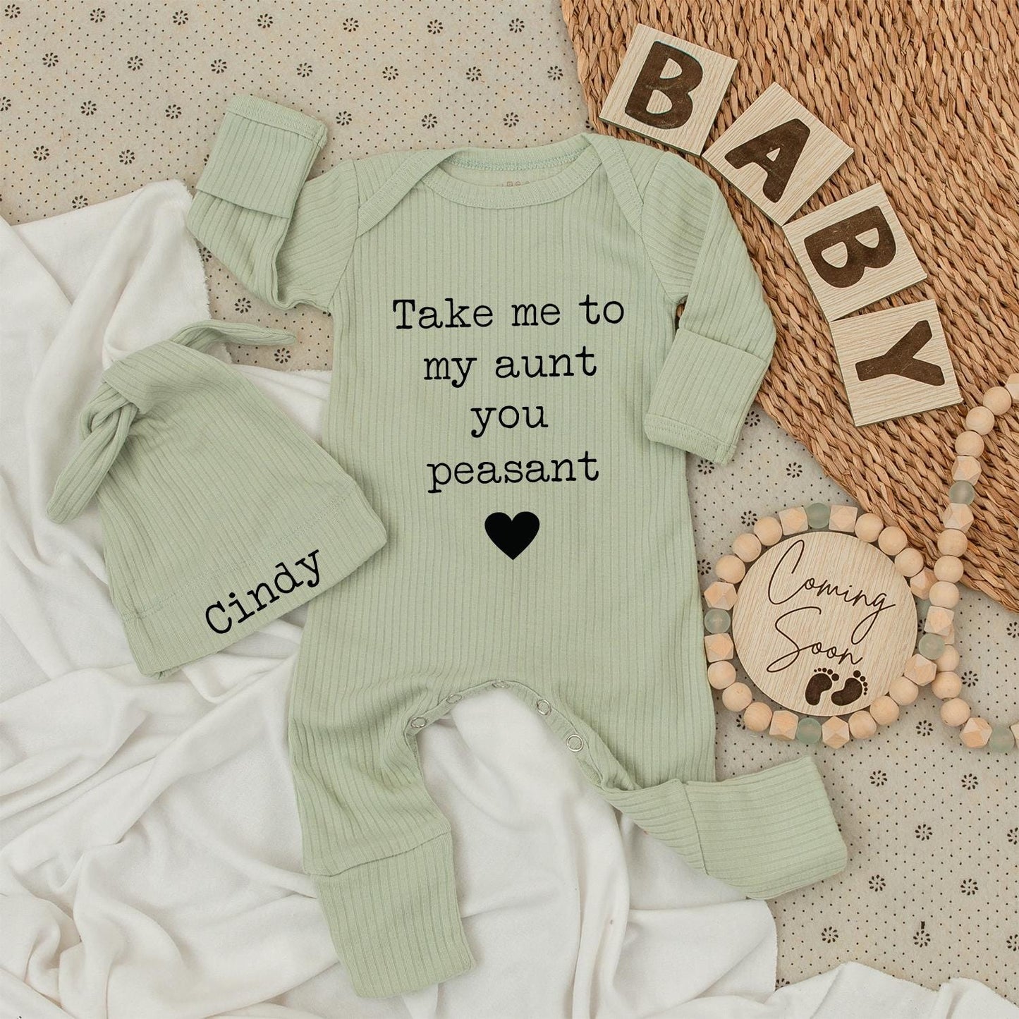 Take Me To My Aunt Peasant Bodysuit Set – Cindy Hat Funny Baby Outfit, Sarcastic Auntie Gift, Newborn Coming Home Clothes, Cotton Romper (139 chars)